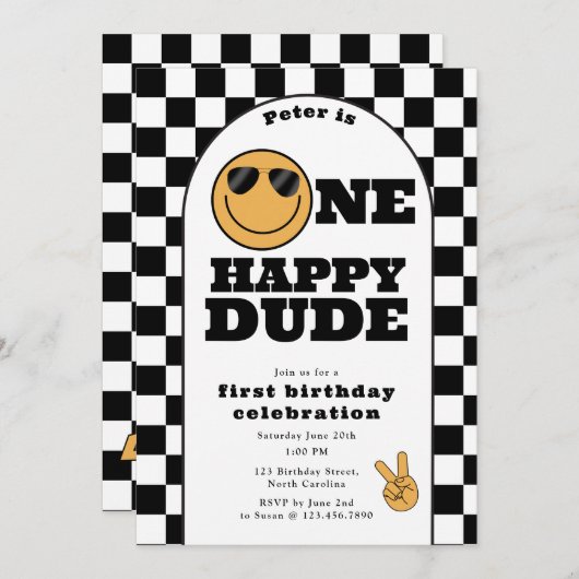 One Happy Dude Invite 1st First Birthday Cute Boy 招待状 (正面/裏面)