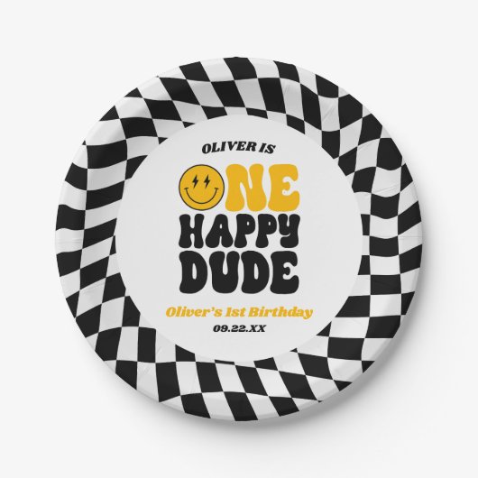 One Happy Dude Retro First 1st Birthday Party ペーパープレート (正面)
