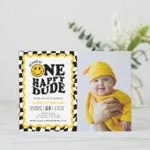 One Happy Dude Wavy Happy Boy 1st Birthday Photo 招待状 (スタンド正面)