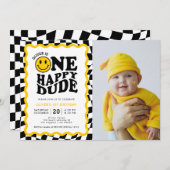 One Happy Dude Wavy Happy Boy 1st Birthday Photo 招待状 (正面/裏面)