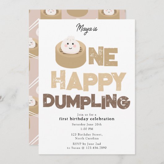 One Happy Dumpling Invite 1st First Birthday Cute 招待状 (正面/裏面)