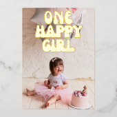 One Happy Girl写真カスタム1st Birthday金ゴールド 箔招待状 (正面)