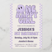 One Happy Girl写真カスタム1st Birthday金ゴールド 箔招待状 (裏面)