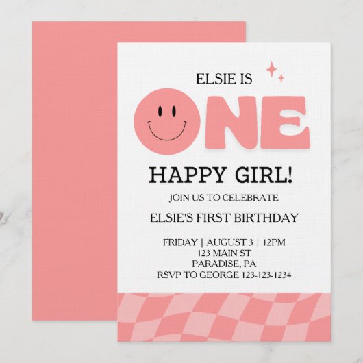 One Happy Girl First Birthday Invitation 招待状 (正面/裏面)