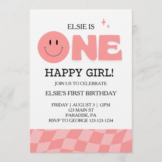 One Happy Girl First Birthday Invitation 招待状 (正面)