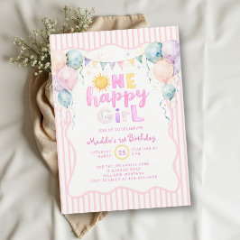 One Happy Girl Pastel Balloons Sun 1st Birthday 招待状