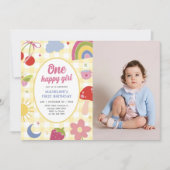 One Happy Girl Retro Hand Drawn 1st Birthday Photo 招待状 (正面)