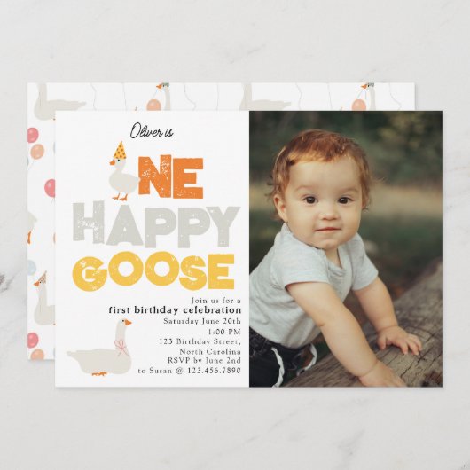 One Happy Goose Invite 1st  First Birthday Photo 招待状 (正面/裏面)