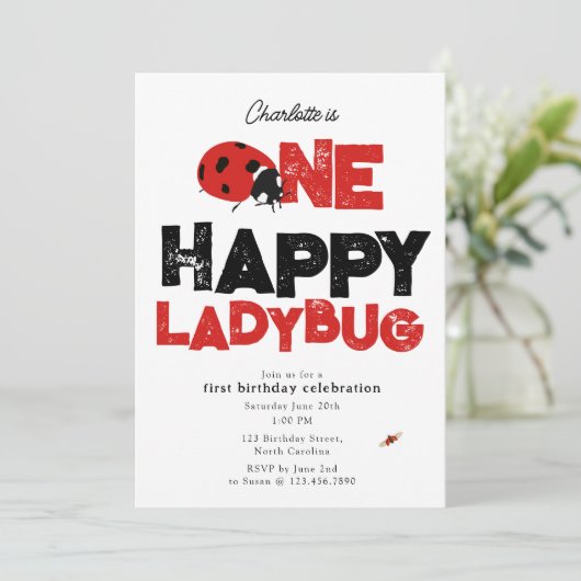 One Happy Ladybug Invite 1st First Birthday Cute 招待状 (スタンド正面)