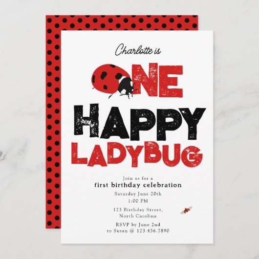 One Happy Ladybug Invite 1st First Birthday Cute 招待状 (正面/裏面)