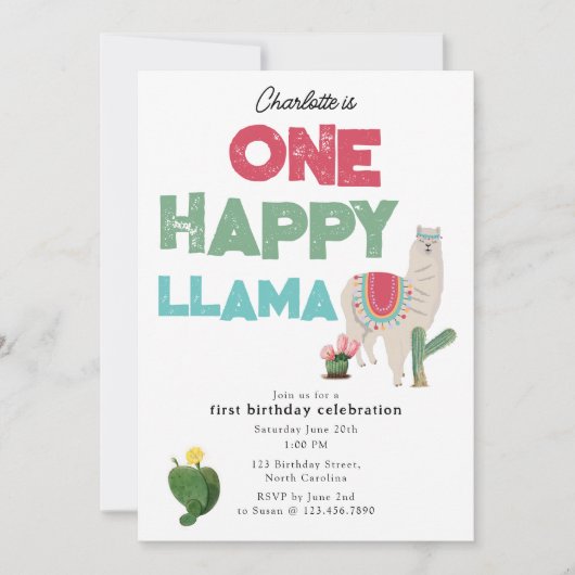 One Happy Llama Invite 1st Girl Birthday 招待状 (正面)