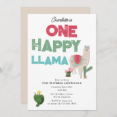 One Happy Llama Invite 1st Girl Birthday 招待状 (正面/裏面)