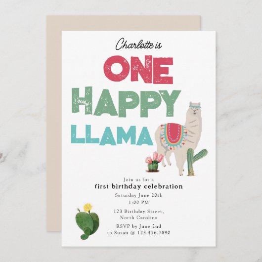 One Happy Llama Invite 1st Girl Birthday 招待状 (正面/裏面)