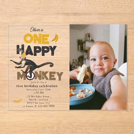One Happy Monkey Cute 1st First Birthday Photo アクリル招待状 (正面)
