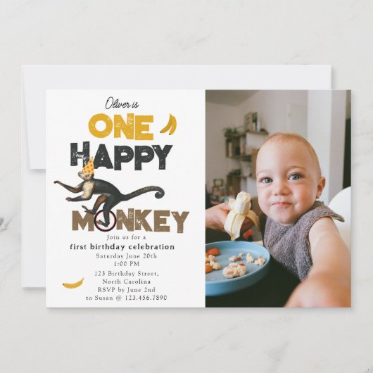 One Happy Monkey Cute 1st First Birthday Photo 招待状 (正面)