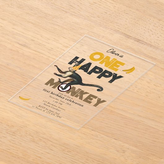One Happy Monkey Cute Invite 1st First Birthday アクリル招待状 (レイダウン)