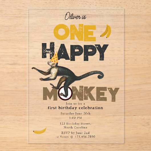 One Happy Monkey Cute Invite 1st First Birthday アクリル招待状 (正面)