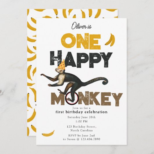 One Happy Monkey Cute Invite 1st First Birthday 招待状 (正面/裏面)