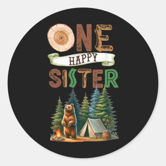 One Happy Sister Camper First Birthday Camping Bea ラウンドシール (正面)