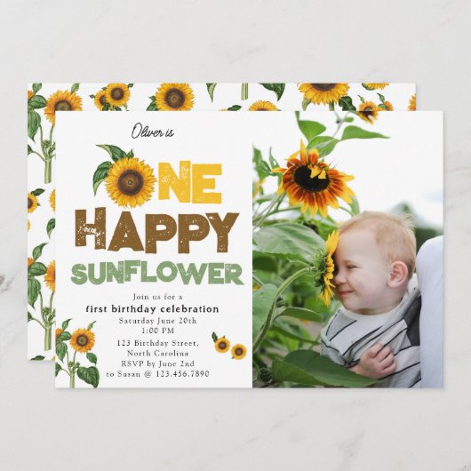 One Happy Sunflower 1st Summer Birthday Photo 招待状 (正面/裏面)