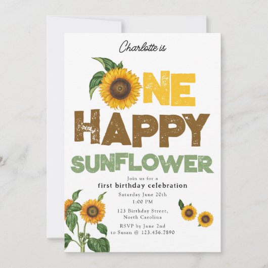 One Happy Sunflower Invite 1st Summer Birthday 招待状 (正面)