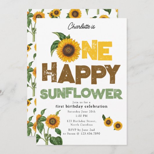 One Happy Sunflower Invite 1st Summer Birthday 招待状 (正面/裏面)