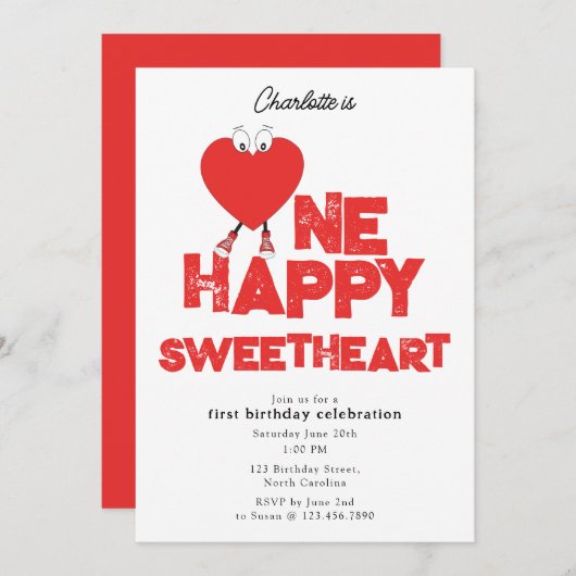 One Happy Sweetheart Invite 1st Girl Birthday 招待状 (正面/裏面)
