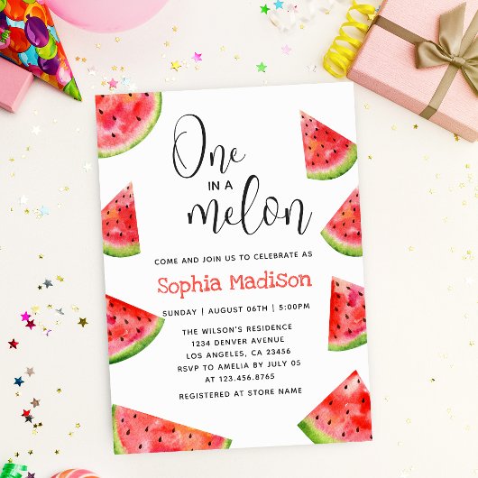 One in a Melon | かわいいスイカの女の子 1歳の誕生日 招待状