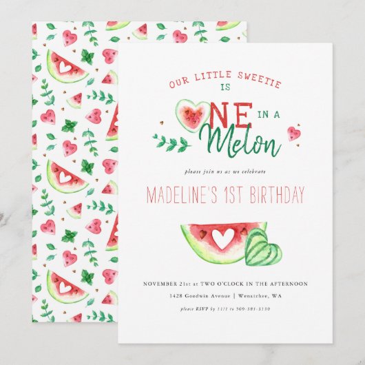 One In A Melon | スイカのファーストバースデー 招待状 (正面/裏面)