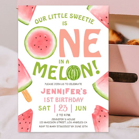 ONE in a Melon! 女の子 ピンクのスイカ 1歳の誕生日 招待状