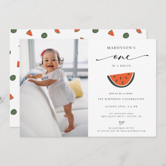 One In A Melon 1st誕生日パーティー写真 招待状 (正面/裏面)