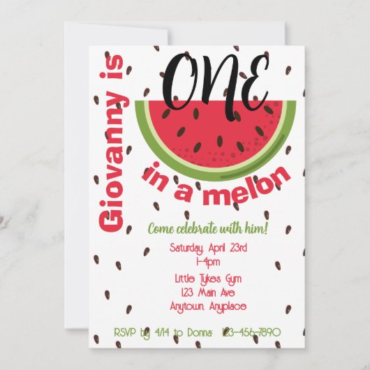 One in a Melon 1st Birthday Party 招待状 (正面)