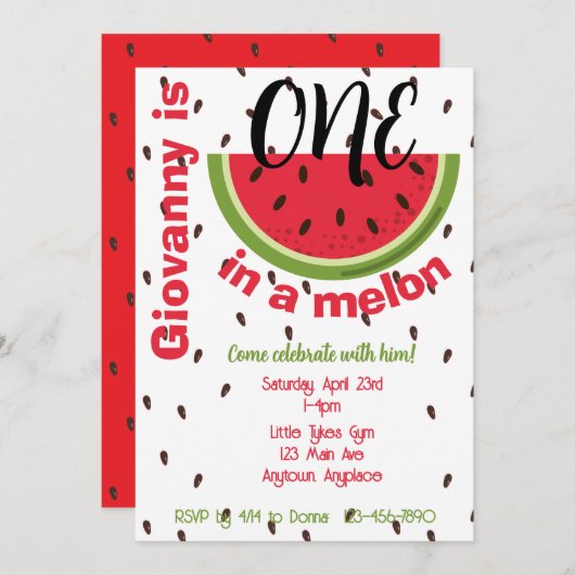 One in a Melon 1st Birthday Party 招待状 (正面/裏面)
