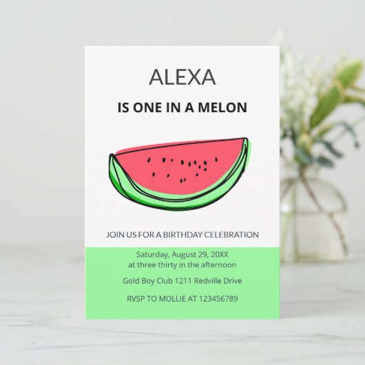 One in a Melon 1st Birthday Watermelon Birthday 招待状 (スタンド正面)