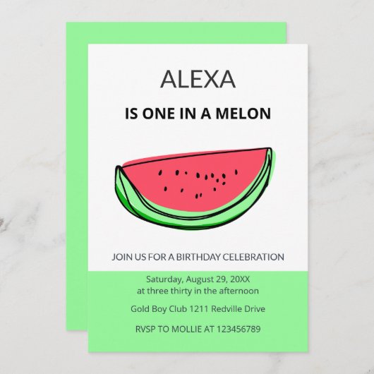 One in a Melon 1st Birthday Watermelon Birthday 招待状 (正面/裏面)