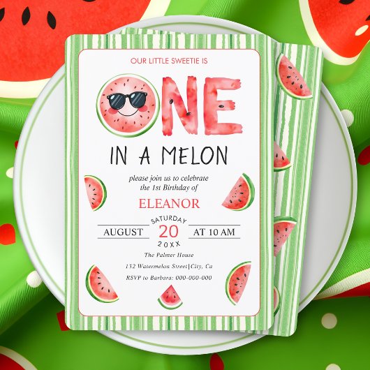 One in a melon 1st birthday watermelon party 招待状