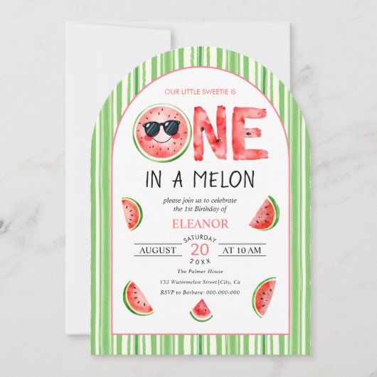 One in a melon 1st birthday watermelon summer 招待状 (正面)