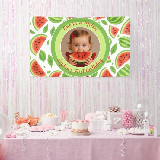 One In A Melon Custom Photo Watermelon Birthday  横断幕 (パーティー)