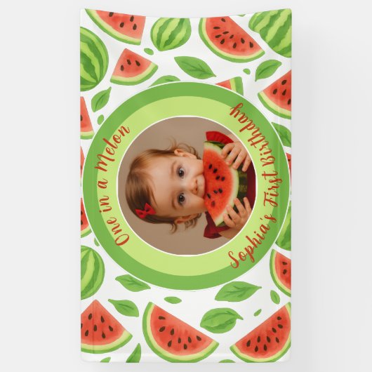 One In A Melon Custom Photo Watermelon Birthday 横断幕 (縦)