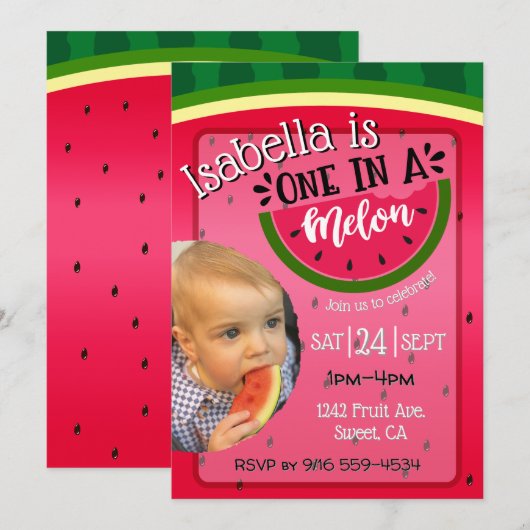 One in a Melon First Birthday invitation bright 招待状 (正面/裏面)