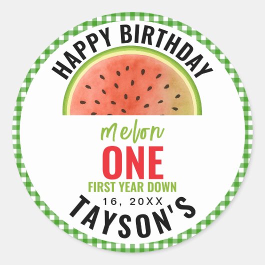 One in a Melon glitter watermelon 1st birthday ラウンドシール (正面)