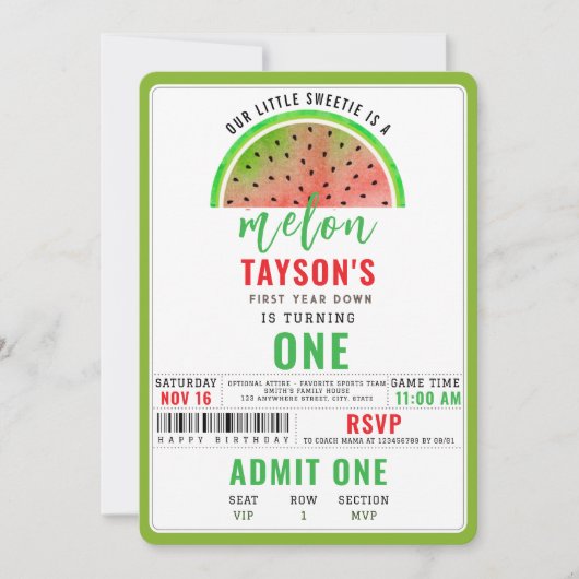 One in a Melon Glitter Watermelon 1st Birthday 招待状 (正面)