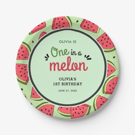 One in a Melon Summer Watermelon 1st Birthday  ペーパープレート (正面)