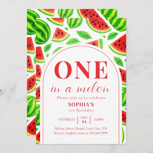 One In A Melon Watermelon 1st Birthday  招待状 (正面/裏面)