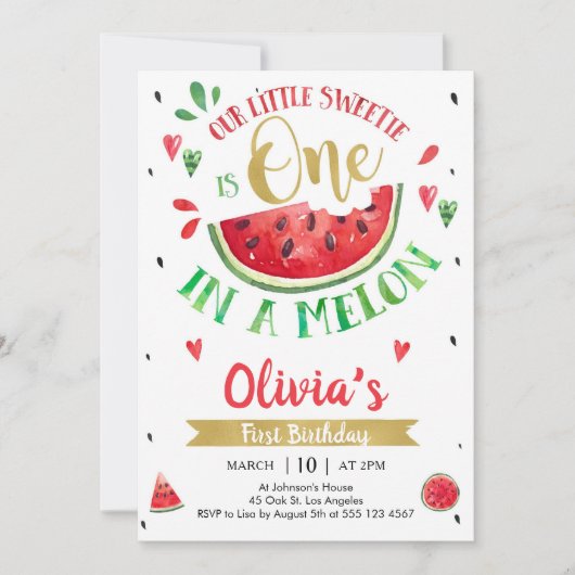 One In A Melon Watermelon 1st Birthday Invitation 招待状 (正面)