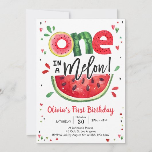 One In A Melon Watermelon 1st Birthday Invitation 招待状 (正面)