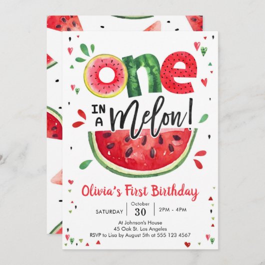 One In A Melon Watermelon 1st Birthday Invitation 招待状 (正面/裏面)