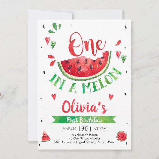 One In A Melon Watermelon 1st Birthday Invitation 招待状 (正面)