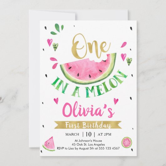 One In A Melon Watermelon 1st Birthday Invitation 招待状 (正面)