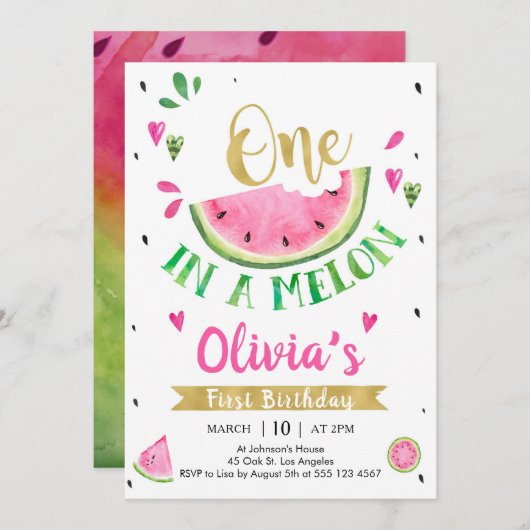 One In A Melon Watermelon 1st Birthday Invitation 招待状 (正面/裏面)